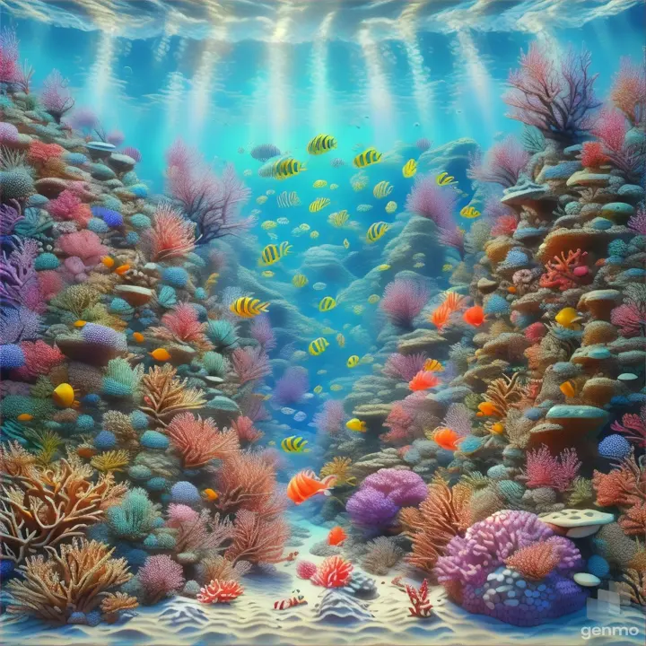 a painting of a coral reef with lots of fish