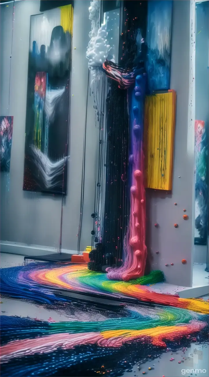 An art poster for a music festival with music notes coming out of her mouth, a microphone, synthesizer, a trumpet, a guitar, a drum-set, all the bands instruments and speakers are showed exploding out the paint, instruments & music coming from the acrylic paint, HD 32K masterpiece