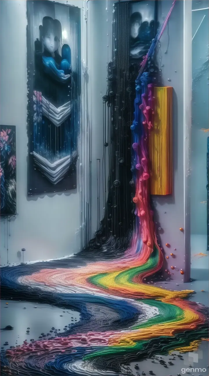 An art poster for a music festival with music notes coming out of her mouth, a microphone, synthesizer, a trumpet, a guitar, a drum-set, all the bands instruments and speakers are showed exploding out the paint, instruments & music coming from the acrylic paint, HD 32K masterpiece