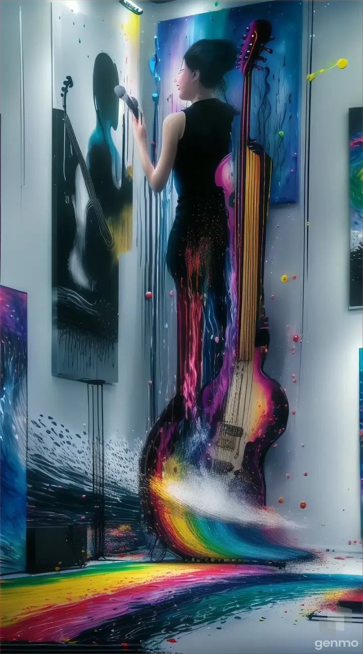 An art poster for a music festival with music notes coming out of her mouth, a microphone, synthesizer, a trumpet, a guitar, a drum-set, all the bands instruments and speakers are showed exploding out the paint, instruments & music coming from the acrylic paint, HD 32K masterpiece