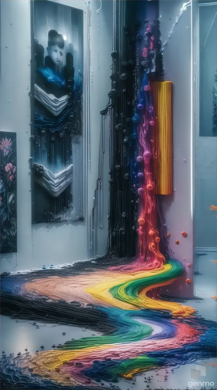 An art poster for a music festival with music notes coming out of her mouth, a microphone, synthesizer, a trumpet, a guitar, a drum-set, all the bands instruments and speakers are showed exploding out the paint, instruments & music coming from the acrylic paint, HD 32K masterpiece