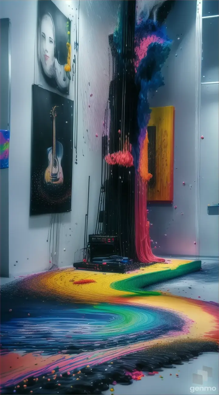 An art poster for a music festival with music notes coming out of her mouth, a microphone, synthesizer, a trumpet, a guitar, a drum-set, all the bands instruments and speakers are showed exploding out the paint, instruments & music coming from the acrylic paint, HD 32K masterpiece