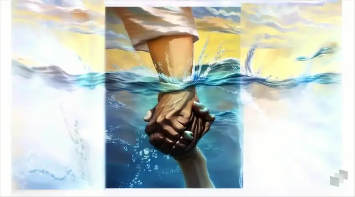 a painting of a person holding the hand of another person