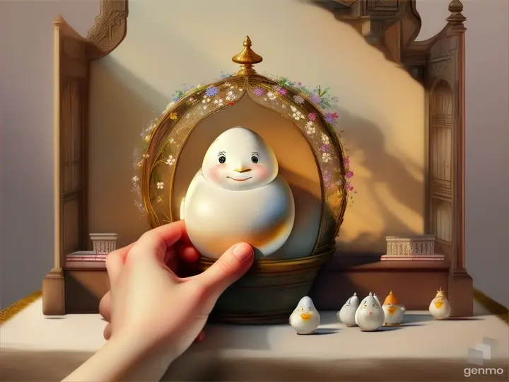 An image portraying hands delicately holding and arranging the pieces of Humpty Dumpty, perhaps with soft light and a sense of hopefulness in the air