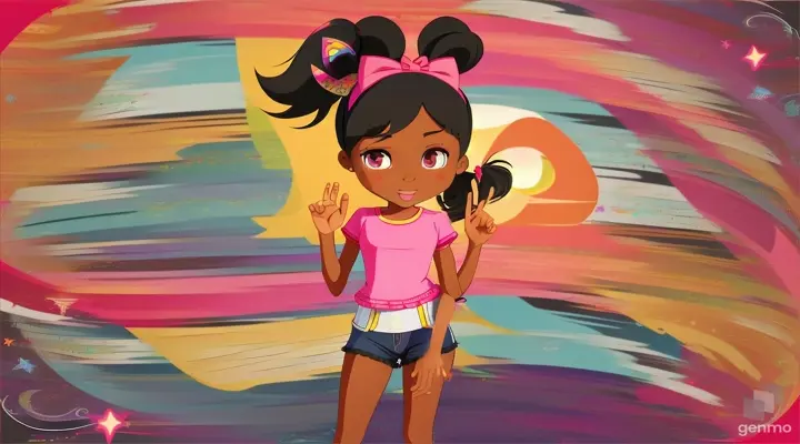 Createa very cartoonish character animation of one beautiful 11 year-old black girl  with two pony tails,  she is in her beautiful, large bedroom. She has pretty big eyes.