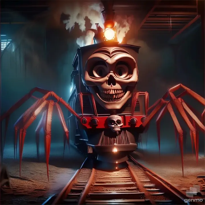 A speeding train with a macabre skull for a front, racing through a dark and twisted landscape
