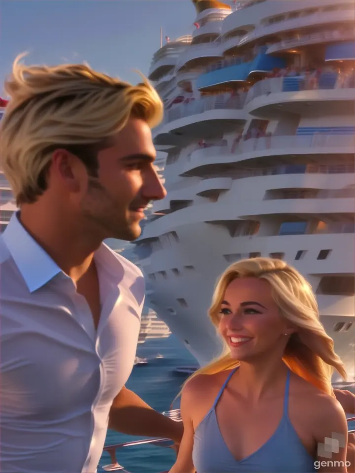 a man and a blonde woman run together to the side of a cruise ship