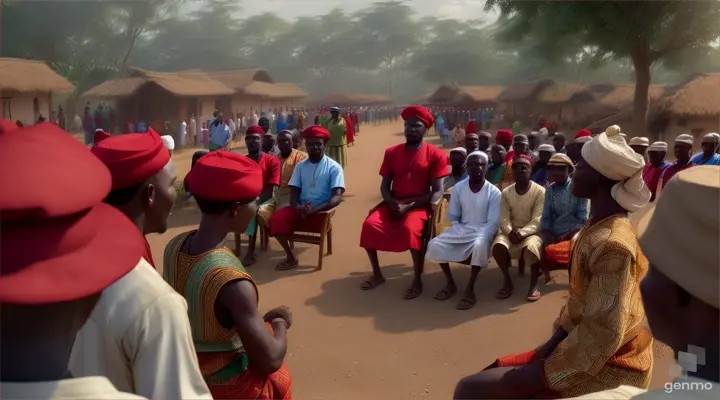 “on 16.9 landscape setting Illustrate the villagers listening to Papa Obinna stories with rapt attention, their faces reflecting understanding and empathy." in isi agu and red traditional  cap outfit in igboland." crowded by igbo people" magical, fairytale, highly detailed, professional colours, soft lighting, realistic ,”