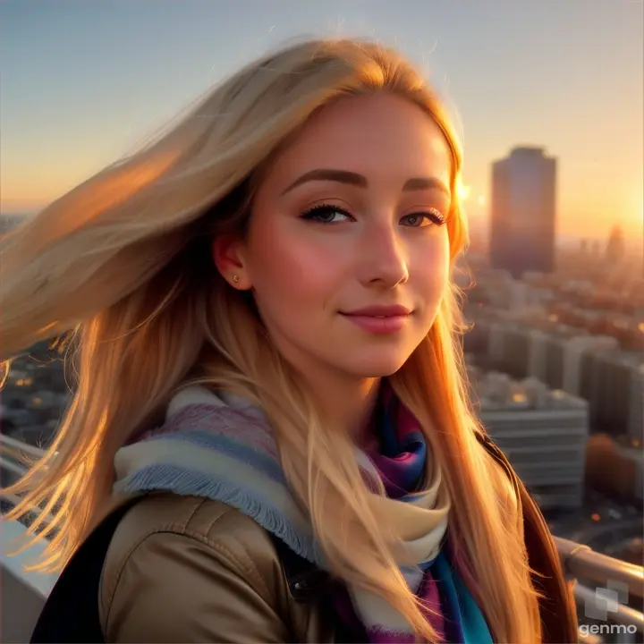 lively natural European girl opens/closes her eyes, her blonde hair fluttering in the wind and a silky scarf, a high-tech cityscape with skyscrapers is visible on the horizon