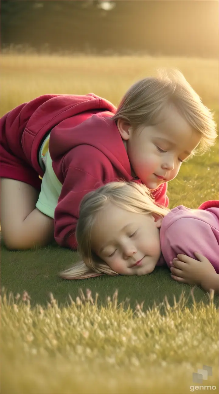 A red hoodie boy and pink hoodie girl napping in a sunny meadow with a soft, dreamy visual filter