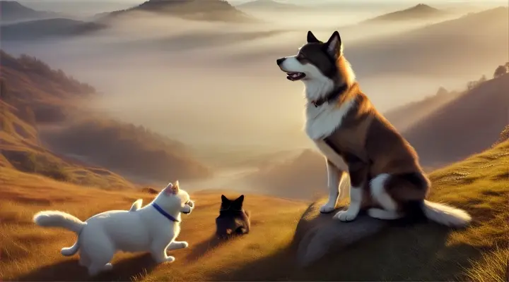 A dog-cat duo play on a mystical hilltop, the misty valley stretching beneath them