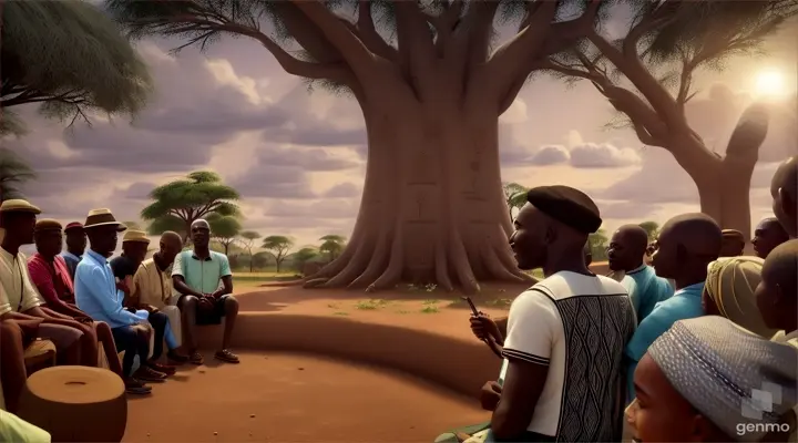 “on 16.9 landscape setting ""Depict Papa Obinna, the wise old man, speaking to the villagers under the baobab tree, with his kind eyes and gentle smile." in igboland." crowded by igbo people" magical, fairytale, highly detailed, professional colours, soft lighting, realistic ,”