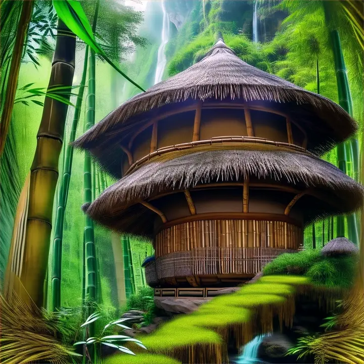 Bamboo hut and pandas near an ethereal waterfall cascading from a cliff adorned by flora