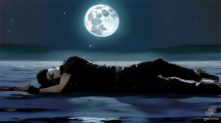 a man laying on the ground in front of a full moon