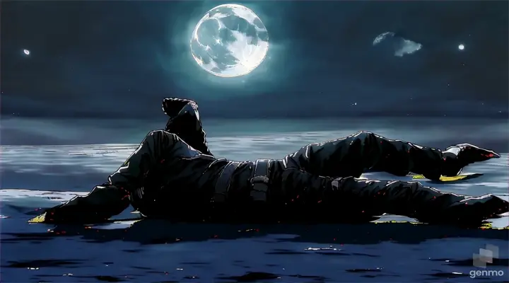 a man laying on the ground in front of a full moon