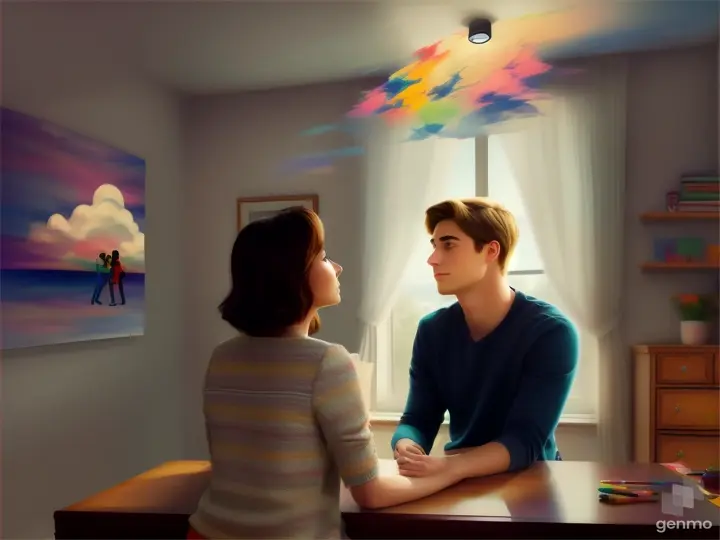 Woman sitting on a dresser, thinking with her hand supported and imagining her boyfriend with another graphic representation He sees the image of the other couple above his head on an imaginary cloud inside the room while he thinks and looks up.  in colorful crayon style Strong and dynamic strokes 