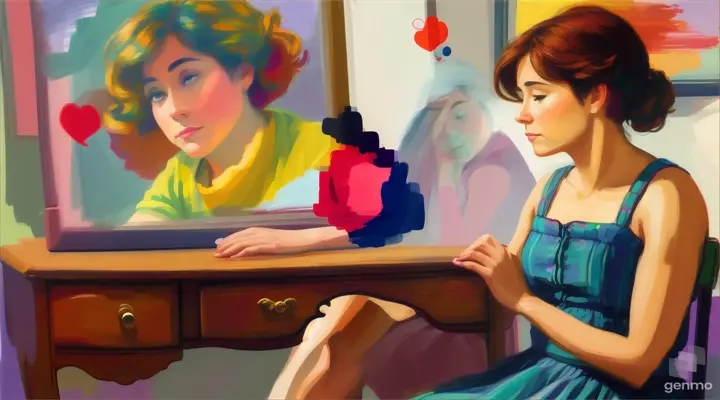 Woman sitting on a dresser, thinking with her hand supported and imagining her boyfriend with another graphic representation He sees the image of the other couple above his head on an imaginary cloud inside the room while he thinks and looks up.  in colorful crayon style Strong and dynamic strokes colors Bright colors simple lines 