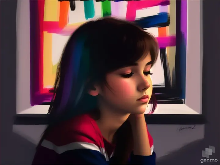  She sits thoughtfully in the darkness of her room, above her head the image of her boyfriend kissing another woman in thought mode. .  in colorful crayon style Strong and dynamic strokes colors Bright colors simple lines 