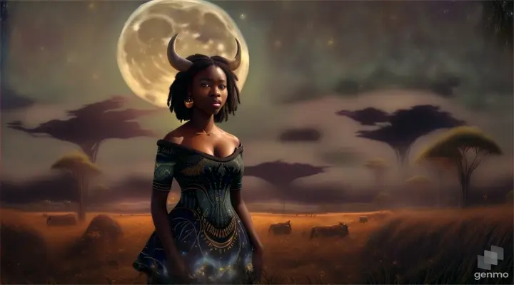 a beautiful African woman, cow hooves instead of feet,  night time, extreme wide shot