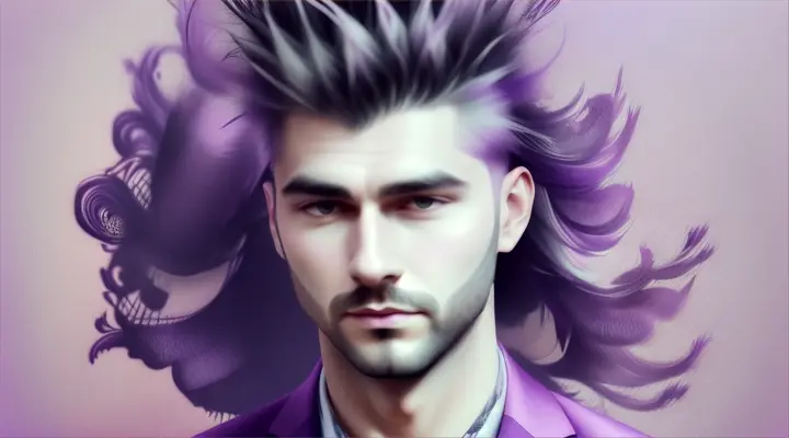 Portrait of a man with violet spiky roses in his hair, soft pastel tones, ink splash art