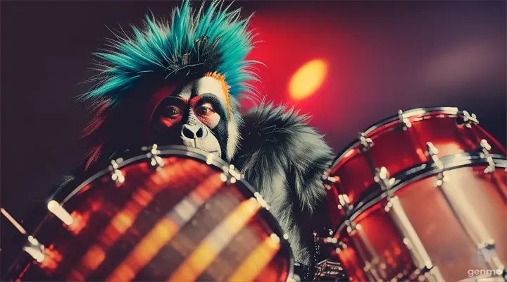 close up of a drum playing punk rocker wearing an ape mask. background is a landscape on mars
