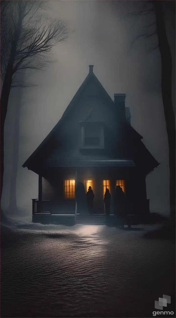 friends entering the gloomy and dark cabin