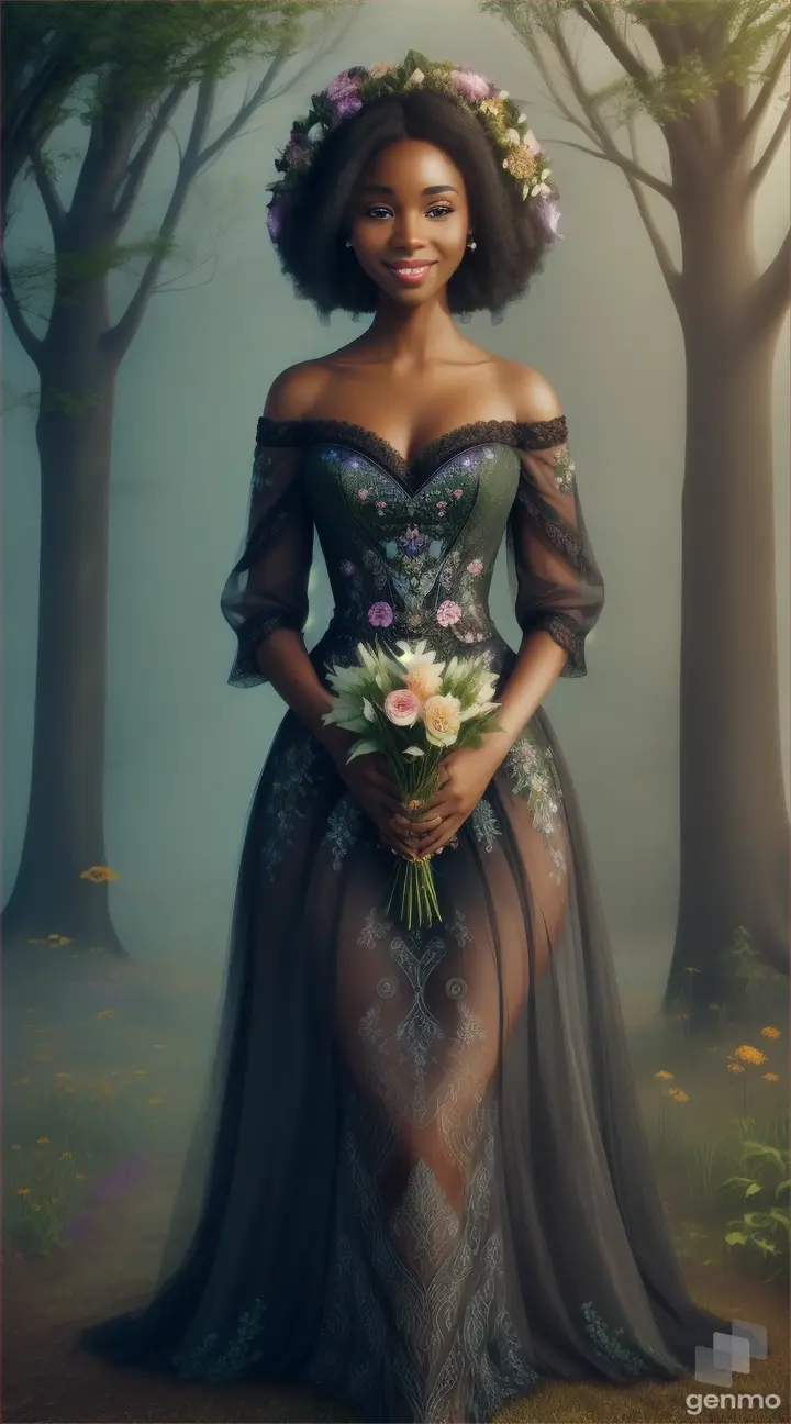 A black mixed smiling goddess-like figure with a natural and beautiful dress composed with flowers shrouded in an ethereal mist amongst mystical creatures in a magical forest