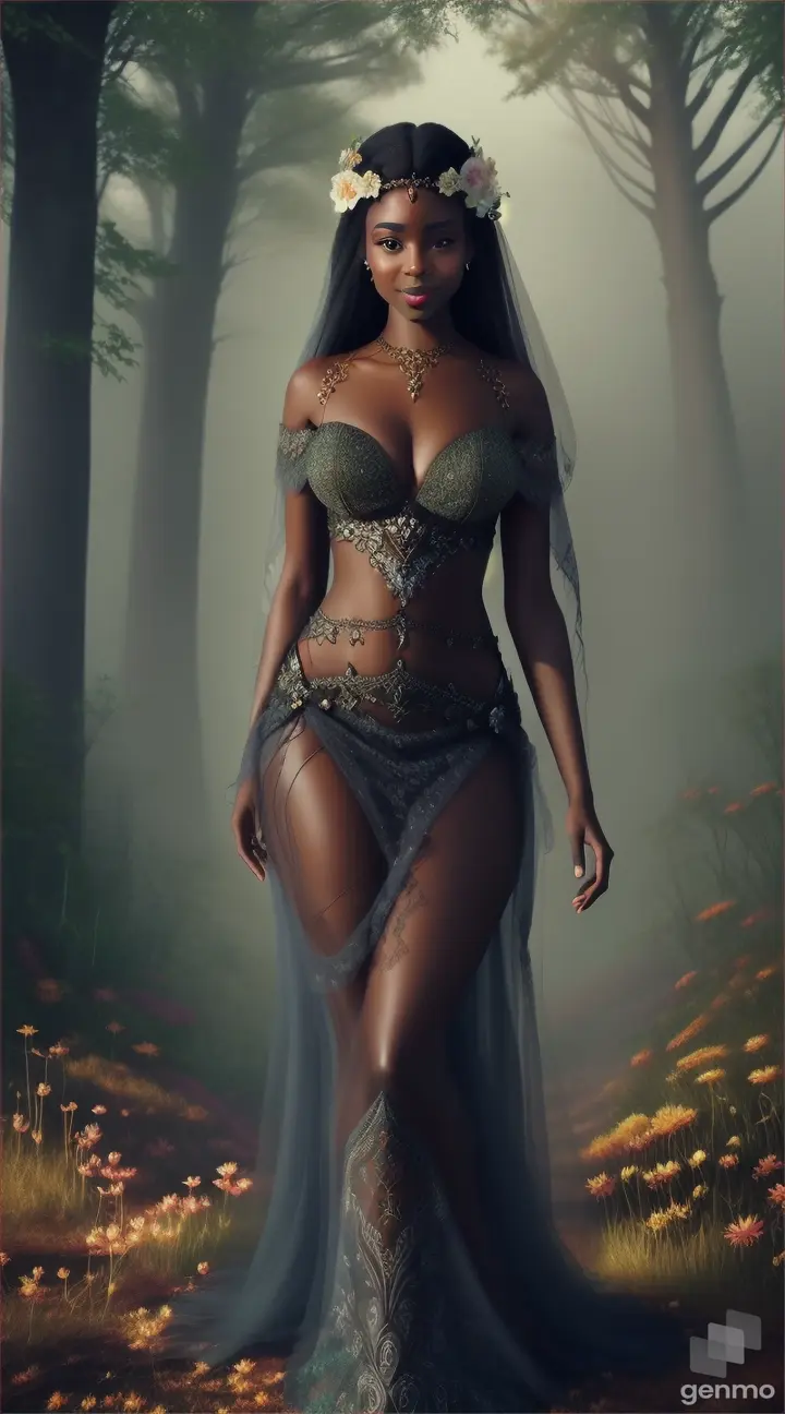 A black mixed smiling goddess-like figure with a natural and beautiful dress composed with flowers shrouded in an ethereal mist amongst mystical creatures in a magical forest