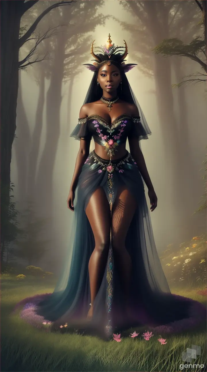 A black mixed smiling goddess-like figure with a natural and beautiful dress composed with flowers shrouded in an ethereal mist amongst mystical creatures in a magical forest