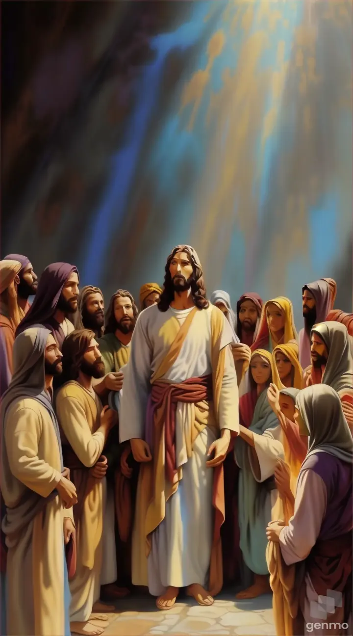 a painting of jesus with many people