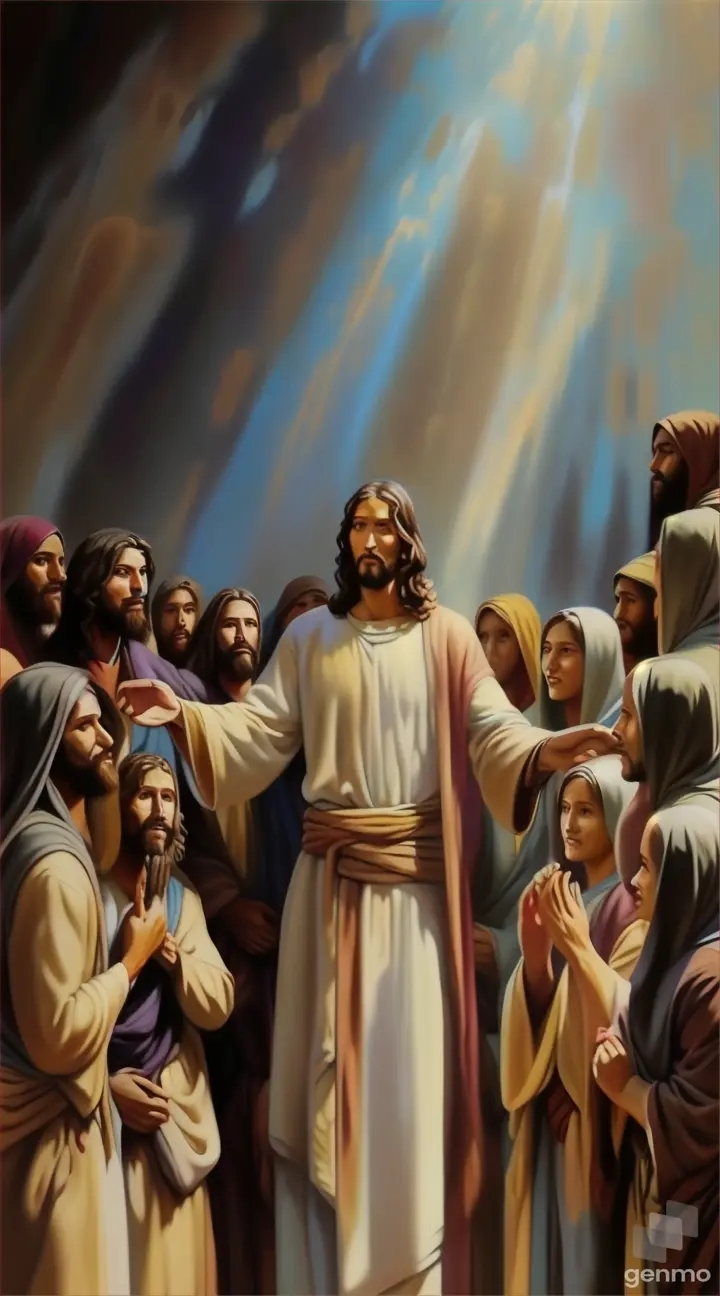 a painting of jesus with many people