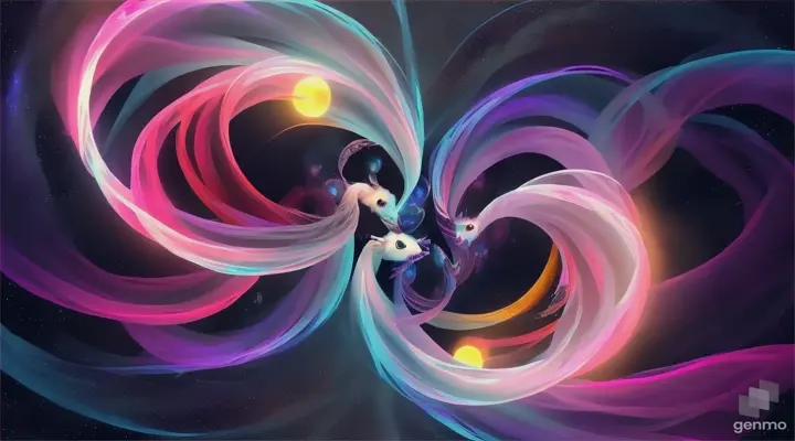 Two twin mythical ghost Siamese fighting fish shaped like night & day a star is born in a nebulous cloud, a black hole is created from the death of an orbiting star floating in a gas cloud in the cosmos a holographic nebula, swimming around each-other in a spiraling motion, eating one another’s tail in a yin-yang, 32K HD HDR masterpiece