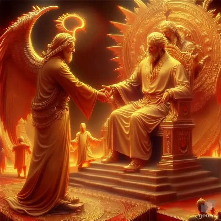 a painting of a man shaking hands with an angel