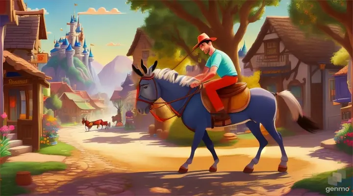 A cartoon of a man pulling a donkey , in 16:9 ratio, Disney Pixar style.