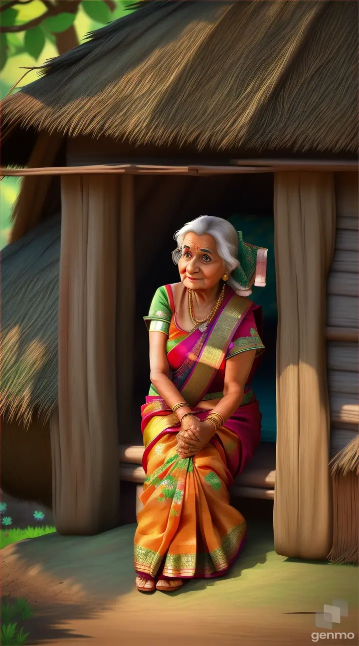 an animated cute , short highted old lady , wearing saree, sitting near a hut