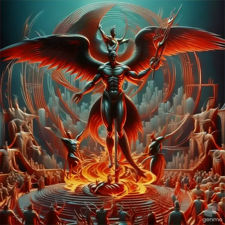 a painting of a demon surrounded by people