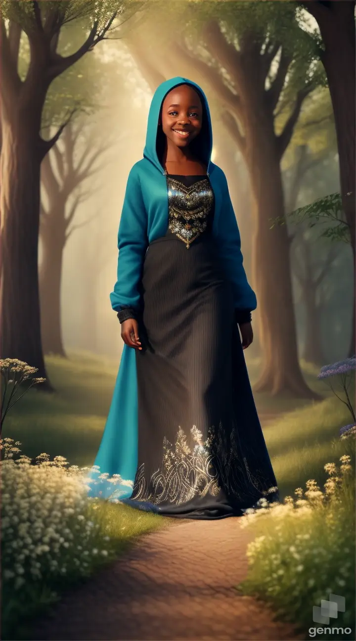 A young black child who is wearing a blue hoodie and a jean meet a black goddess-like figure smiling wearing a beautiful medieval dress with a swarm of flowers surrounding her in a magical forest.