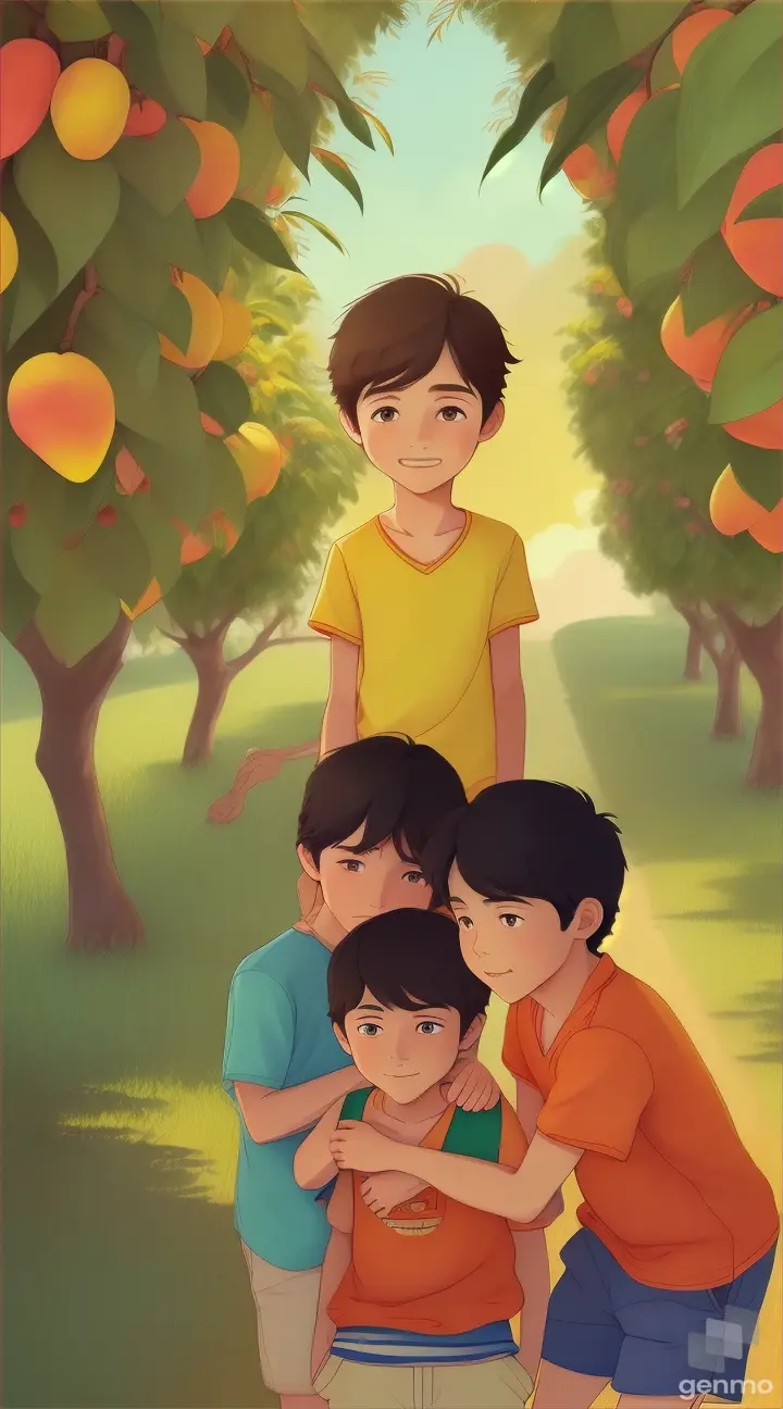 animated group of boys holding an injured boy in a mango orchard