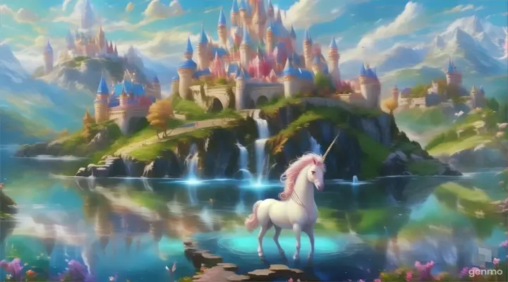 a painting of a unicorn in front of a castle