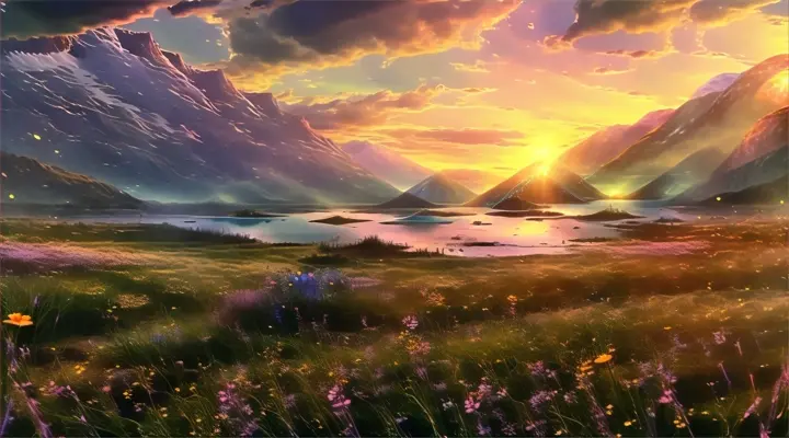 A field of wildflowers beneath a pastel sunset over a mountain lake. nature beauty. 