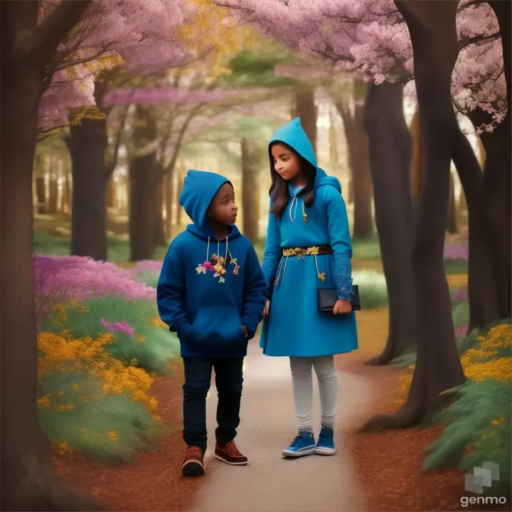 two people are meeting. A young black kiddo who is wearing a blue hoodie and a jean meets a regal medieval queen in a forest adorned with blossoms and vibrant colors in a magical fairy tales forest