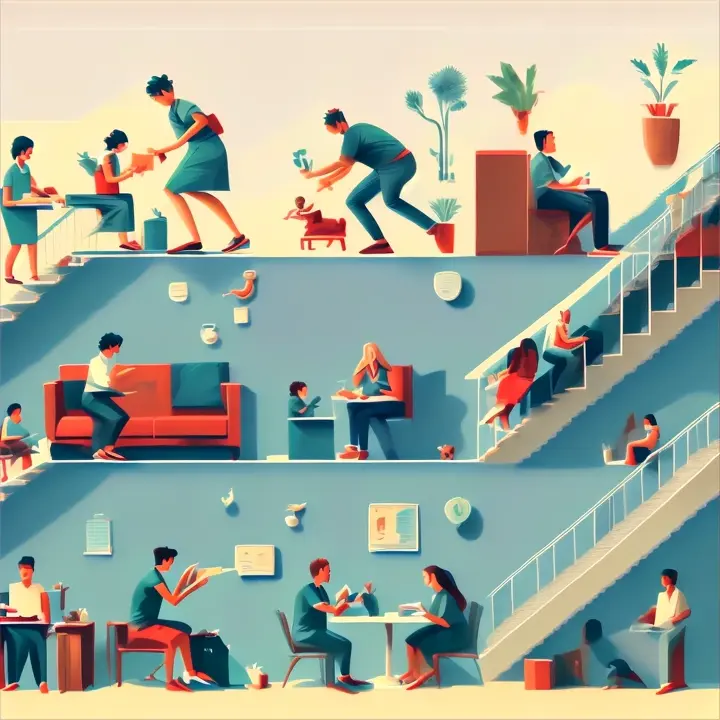 Sequence of images of people facing obstacles and challenges in their daily lives: family problems, financial difficulties, discrimination, but also moments of joy and triumph.