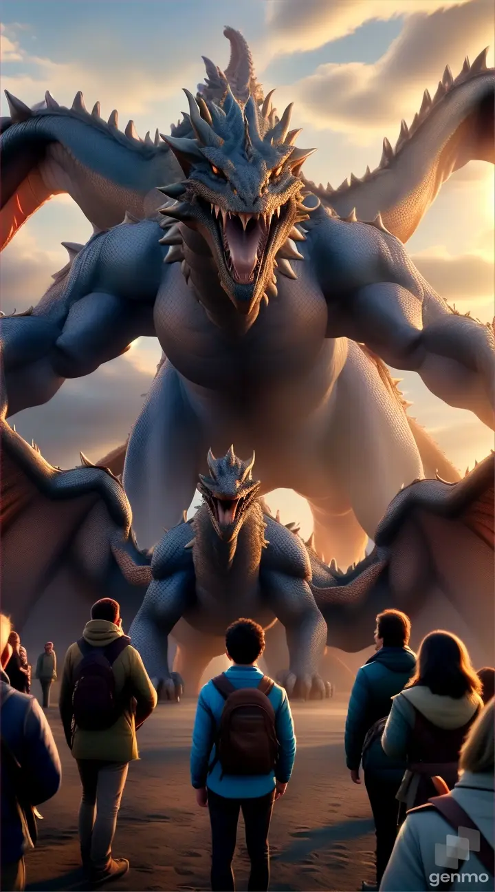 a group of people standing in front of a giant dragon