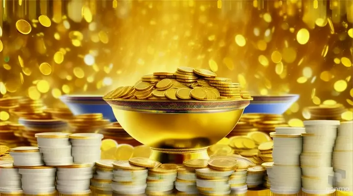 a bowl full of money sitting on top of a pile of gold coins