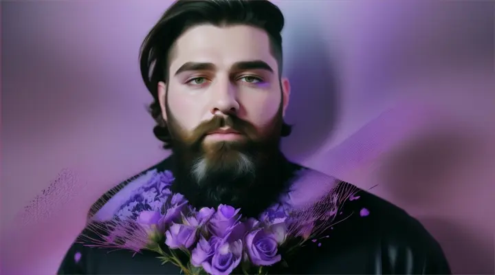 Portrait of a man with a beard, violet roses around the portrait soft pastel tones, ink Splattered art