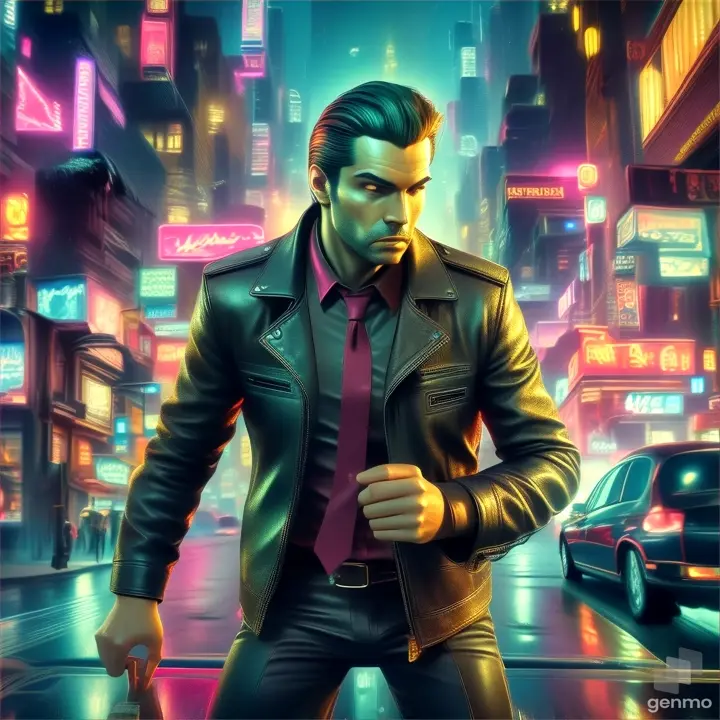 Man in leather jacket flying over a city at night, neon lights reflecting on plane's windshield