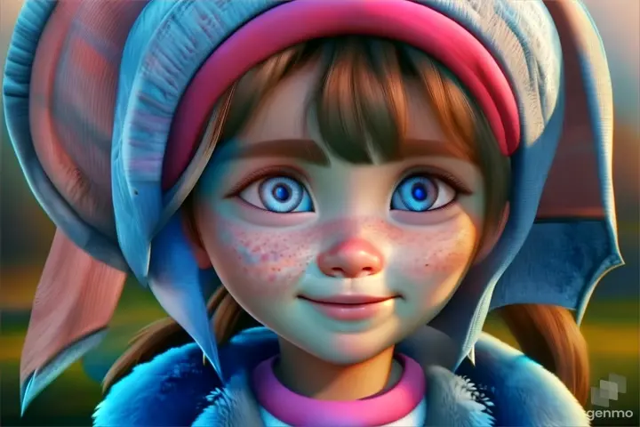 a close up of a child's face with blue eyes