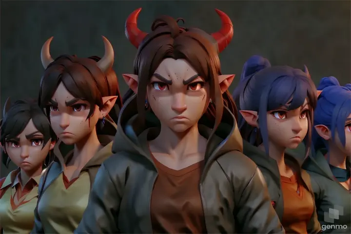 The beautiful devils confront the mysterious figure, their expressions a mixture of arrogance and uncertainty, as they prepare to face their greatest challenge yet.