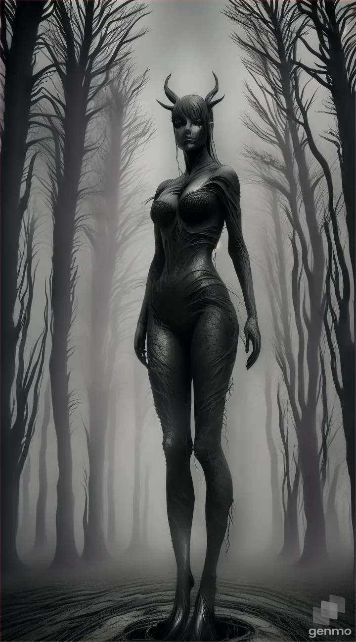 figure of female made from clave, cracks all over the figure, black goo leaking through them, a mistic forest shrouded in fog. Dark fantasy and fantastic climate. High details, realistic image.