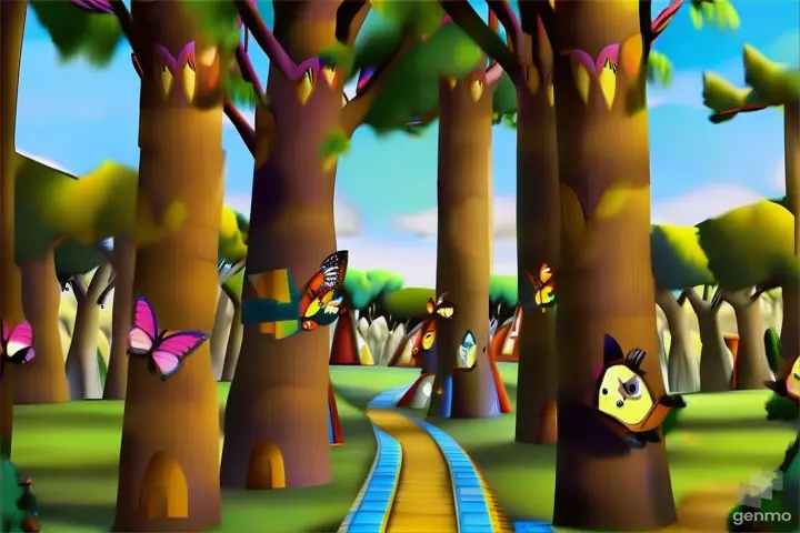 a cartoon scene of a pathway through a forest